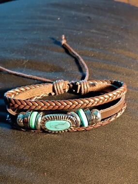Braided Brown Leather Bracelet with Turquoise Bead Accent